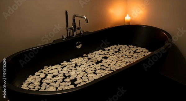 Fototapeta Relaxation scene in a bathroom with a black bathtub filled with petals and a candle