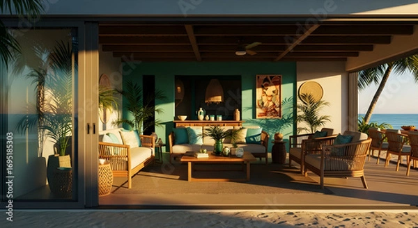 Fototapeta Relaxed Beachfront Living: A Tranquil Oasis of Coastal Relaxation and Serenity