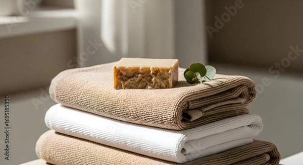 Fototapeta Relaxing Aesthetic Scene Showcasing Spa Elements Composed of Natural Soap and Spa Towels