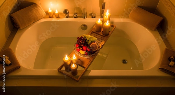 Fototapeta Relaxing bath with candles and fruit for a spa-like, tranquil, and romantic moment