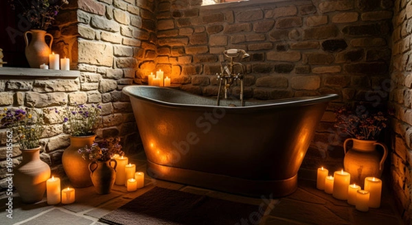 Fototapeta Relaxing Bathroom Scene With Candles and Stone Wall, Creating a Peaceful Ambiance