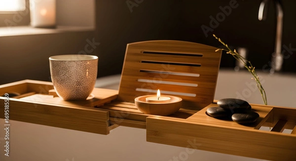 Fototapeta Relaxing Bathroom Spa Setup With Wooden Bath Tray Featuring Tea, Candles, and Stones