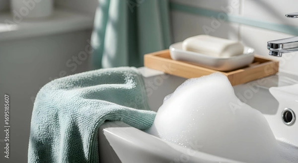 Fototapeta Relaxing Bathtub Scene With Fresh Bubbles, Soap and Clean Towel in Bright Bathroom Setting