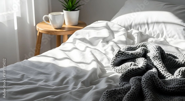 Fototapeta Relaxing Bed With Blanket, Mug And Plant, Bathed In Natural Sunlight For Serenity