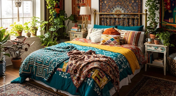 Fototapeta Relaxing Bedroom: A Bohemian Oasis with a Bright, Vibrant and Inspiring Ambiance