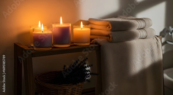 Fototapeta Relaxing Candles And Soft Towels Creating A Serene And Peaceful Ambiance Perfect For Retreat