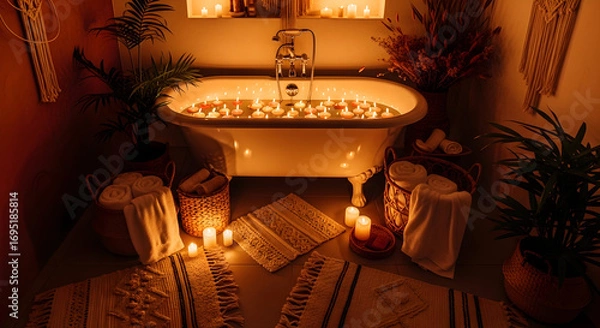 Fototapeta Relaxing Candlelit Bathtub Scene Creates A Tranquil And Serene Ambiance For Wellness