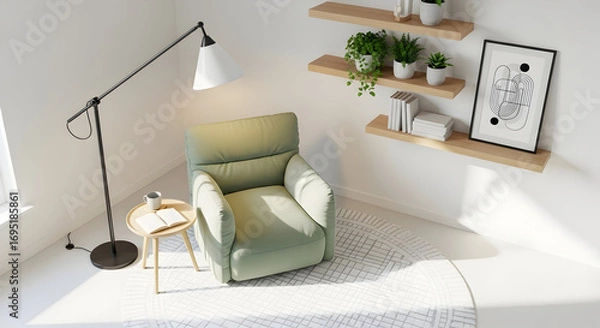Fototapeta Relaxing Interior Design: Cozy Armchair, Decorative Elements And Modern Reading Light