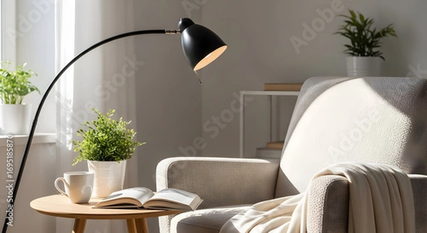 Fototapeta Relaxing Interior Scene: Comfortable Chair, Plants, And Soft Ambient Lighting Perfect For Reading