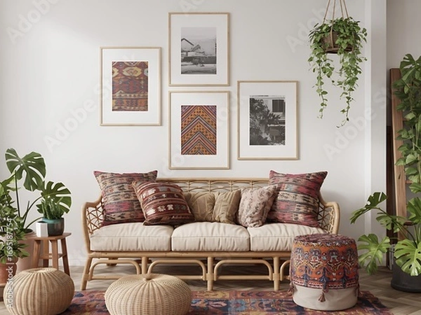 Fototapeta Bohemian living room with rattan sofa framed art prints patterned pillows and plants creating a cozy atmosphere