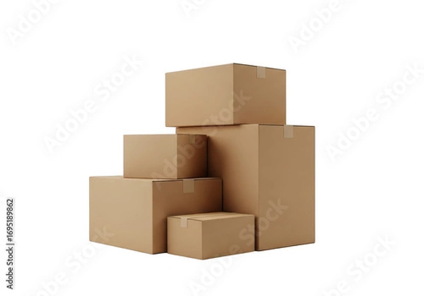 Fototapeta A stack of cardboard boxes of various sizes, isolated on a transparent background, representing shipping and storage