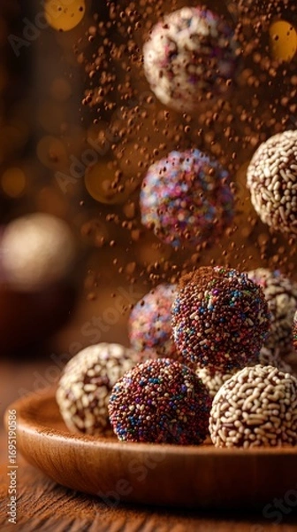 Fototapeta Holiday dessert and celebration concept, photo of colorful chocolate truffles falling into wooden bowl with bokeh lights, close-up, vertical, photo Concept: dessert, sweets, chocolate truffles