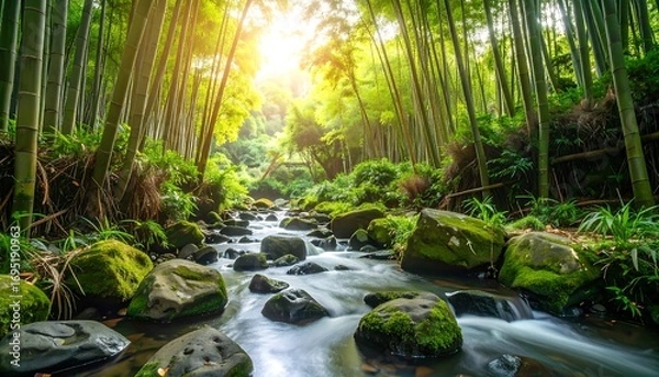 Fototapeta Lush bamboo forest with a flowing stream (1)