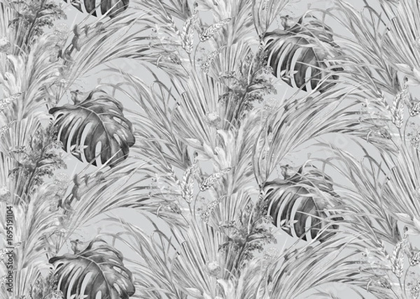 Fototapeta Seamless botanical pattern with black and white Jungle with watercolor leaves for textile