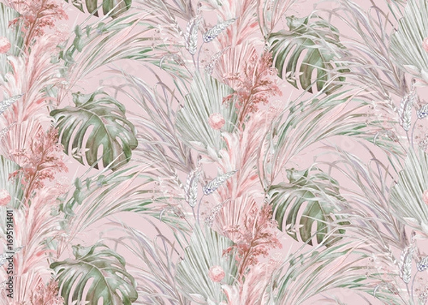 Fototapeta Seamless botanical pattern jungle with watercolor leaf silhouettes for textile