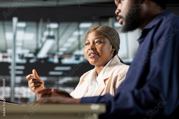 Fototapeta African american business staff studying online data for a presentation, working together on a new development plan or strategy. Handling tasks and operations at the corporation.
