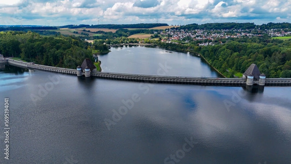 Obraz Aerial drone view of a huge stone dam on the lake Monetalsperre - Spermauer, Germany