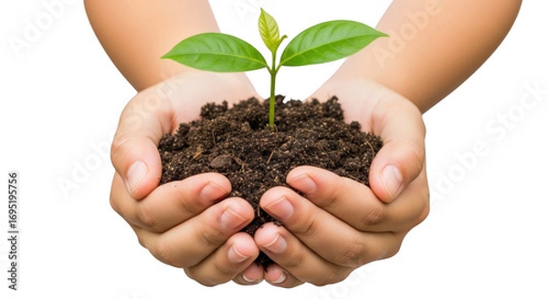 Fototapeta Cupped hands holding a small plant seedling with soil and green leaves, isolated on transparent background