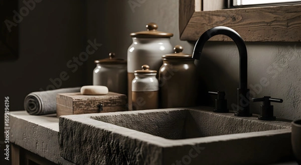 Obraz Serene Bathroom Composition Showcasing Organic Textures and Minimalist Design Aesthetic