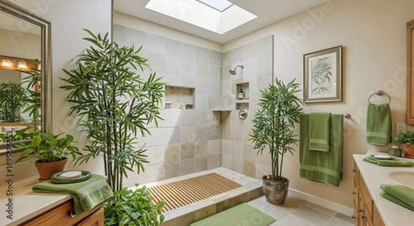 Obraz Serene Bathroom Interior Featuring Lush Plants, Natural Light, and Modern Design Elements