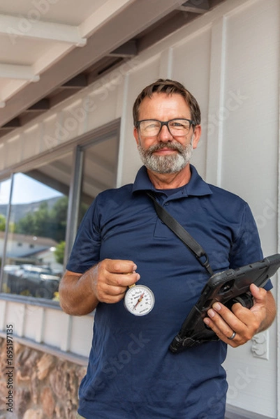Fototapeta A home inspector with an iPad holding a water pressure meter in his hand, looking at the camera, smiling