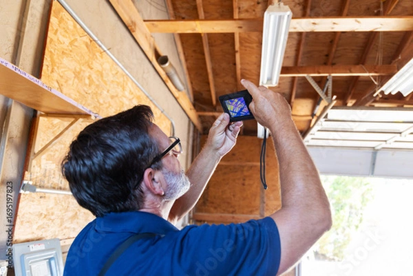 Fototapeta home inspector taking infrared thermography camera pictures of a lighting fixture in a garage workshop