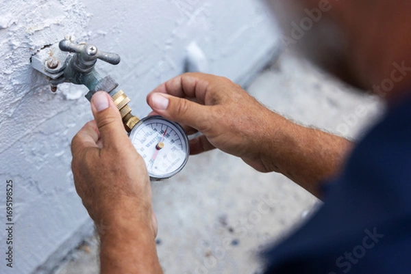 Fototapeta A home inspector checking water pressure with a water pressure meter