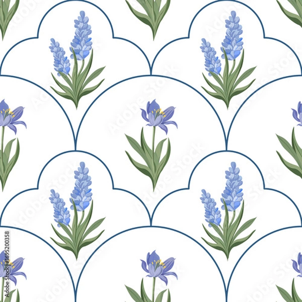 Fototapeta Elegant seamless vector pattern with large lavender and iris flowers on white background, perfect for textile, wallpaper, and decorative design projects, conveying freshness and natural beauty.