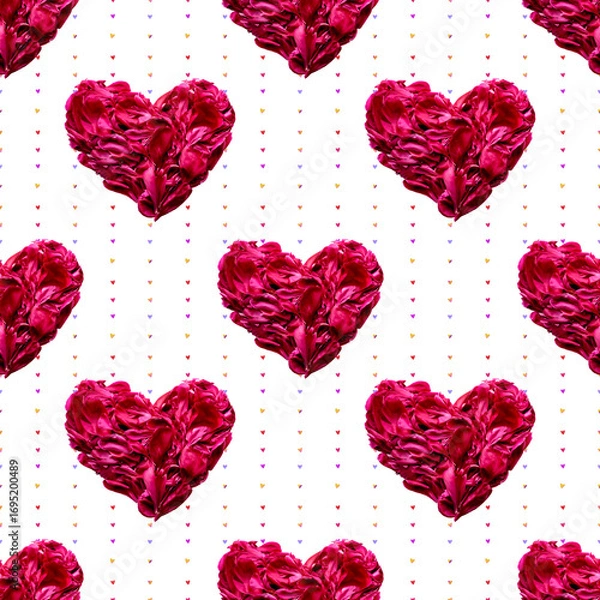 Fototapeta Beautiful seamless pattern of red peony petal hearts on a clean white background. Perfect for Valentine's Day, romantic textiles, gift wrapping, wedding decor and creative design projects.