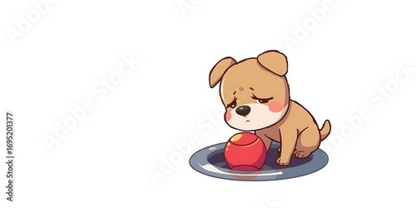 Fototapeta A cute, sad puppy sits on a metal plate, looking down at a red apple.