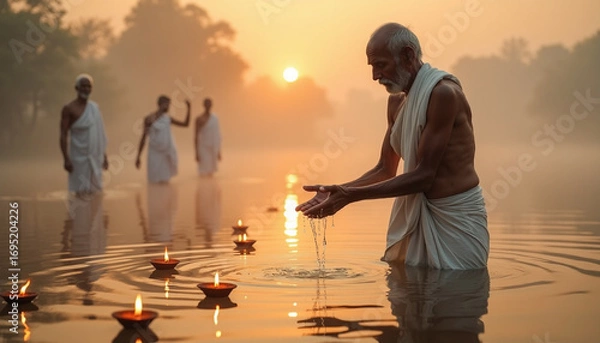 Fototapeta Elderly man performing Tarpan ritual at sunrise in calm river, exemplifying reverence and ancestral offering for spiritual and cultural reflections during Pitru Paksha.