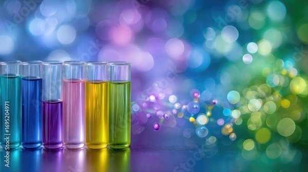 Fototapeta Colorful chemical liquid reagents in glass test tubes for scientific laboratory research experiments against abstract vibrant bokeh lights and molecular forms for discovery.