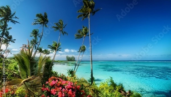 Fototapeta tropical paradise with crystal clear blue lagoon and swaying coconut palm trees surrounded by lush greenery and vibrant tropical flowers blue sky lush greenery