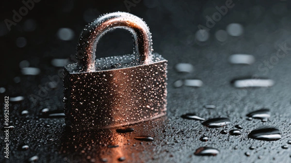Fototapeta Close up of metallic padlock covered in water droplets, resting on dark, reflective surface. image conveys sense of security and protection, enhanced by glistening water