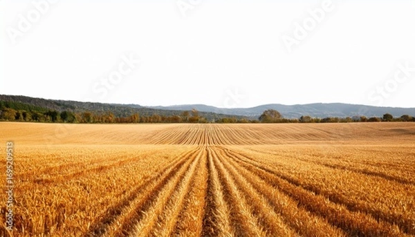 Fototapeta expansive view of golden furrows in a field under a clear isolate on white background cutout