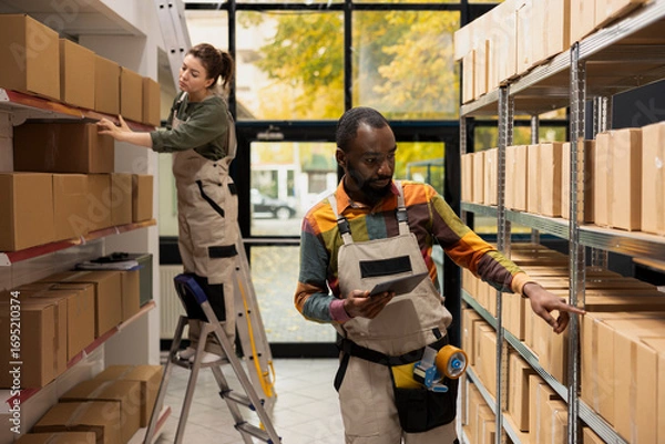 Fototapeta Black employee checking cardboard boxes with goods on shelving units, working with inventory list in a small scale depot. Ensuring small business in house operations, electronic services.