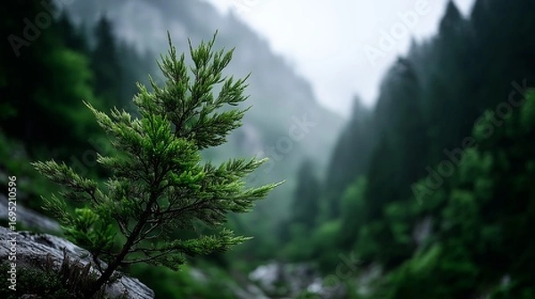 Fototapeta Young Pine Tree Growing On Rocky Mountain Slope With Misty Evergreen Forest And Fog Covered Valley In Remote Wilderness Landscape
