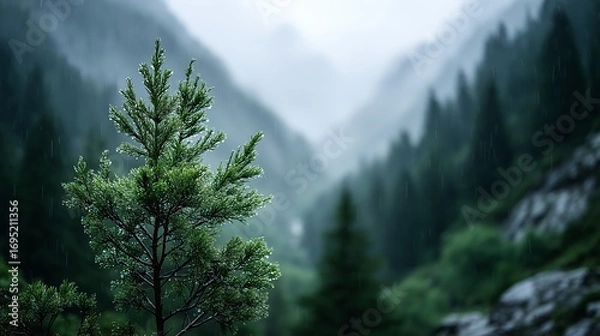 Fototapeta Misty Mountain Valley Landscape With Evergreen Pine Tree In Foreground Surrounded By Dense Forest, Rocks And Foggy Atmospheric Wilderness
