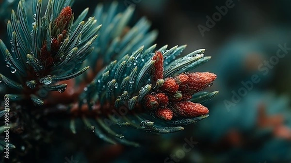 Fototapeta Close-Up Of Pine Tree Branch With Fresh Green Needles And Red Buds Covered In Raindrops Symbolizing Nature Growth Renewal And Forest Beauty