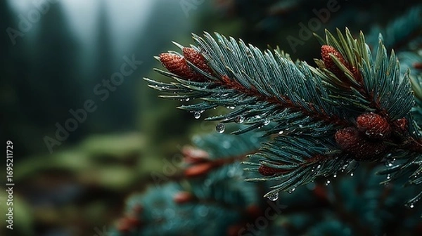 Fototapeta Close-Up Of Pine Tree Branch With Fresh Green Needles And Red Buds Covered In Raindrops In Misty Forest
