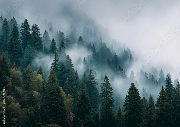 Fototapeta Misty Forest Landscape with Evergreen Trees