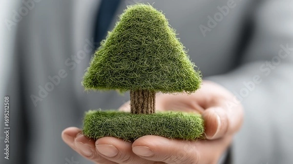 Fototapeta Sustainable Growth Concept With Businessman Holding Green Tree Model Symbolizing Eco Innovation Renewable Energy And Environmental Responsibility
