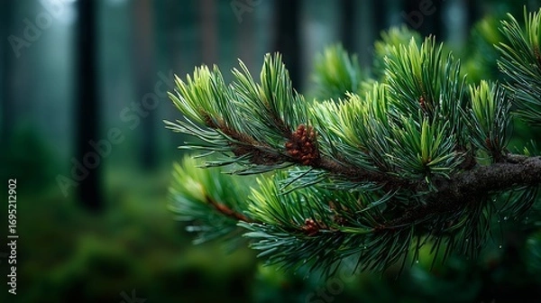 Fototapeta Pine Tree Branch With Fresh Green Needles In Forest Landscape Showing Evergreen Conifer Growth, Lush Foliage And Natural Wilderness

