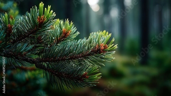 Fototapeta Pine Tree Branch With Fresh Green Needles In Misty Forest Background Representing Evergreen Nature, Growth, Wilderness And Natural Beauty
