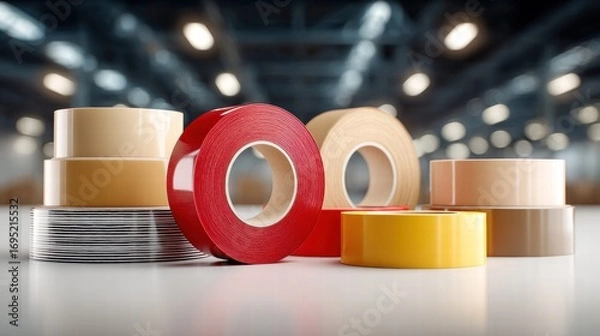 Fototapeta Colorful rolls of adhesive tape are arranged in a close-up studio shot, ready for use.