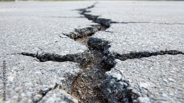 Fototapeta A detailed close-up of a cracked asphalt road, showing the damage and textures.