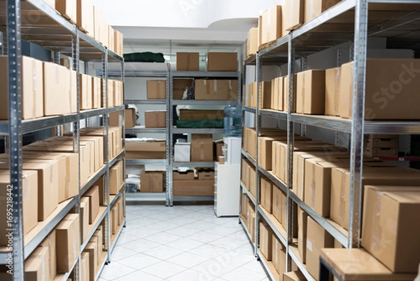 Fototapeta Industrial warehouse unit empty filled with boxes of goods and merchandise destined for distribution and shipment. Delivery, transportation and inventory control in a modern logistics system.