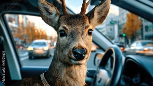 Fototapeta Clumsy driver chaos: lost deer, confused motorist, road mistake, careless turn, silly traffic, wrong lane, unexpected stop, street hazard, beginner steering, awkward moment