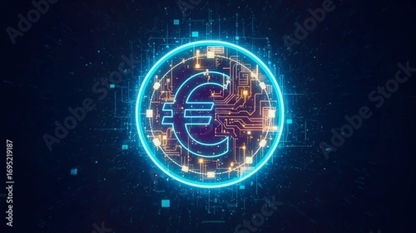 Fototapeta Futuristic digital euro symbol glowing with cyan light surrounded by technological circuit patterns and sparkles on dark background, representing surveillance risks and governmental control threats 