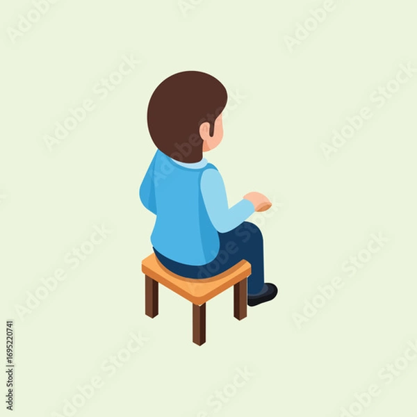 Fototapeta Isometric illustration of a boy sitting on a small wooden chair in blue clothes, depicting a learning atmosphere or school activities.